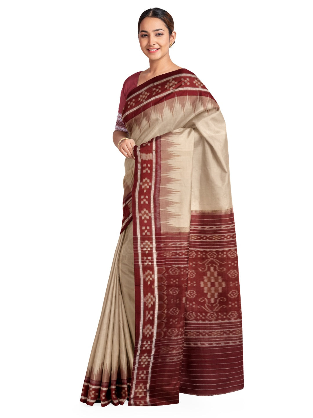 Beige with Maroon Odisha Ikat saree with cotton ikat blouse piece