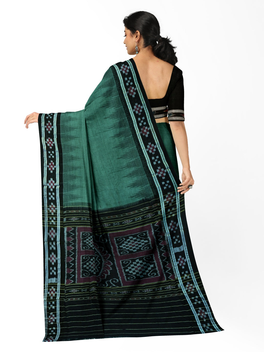 Green Black Odisha Ikat saree with cotton ikat blouse piece