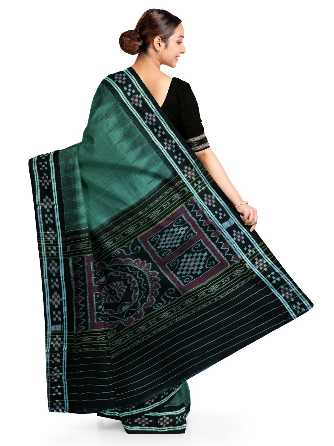 Green Black Odisha Ikat saree with cotton ikat blouse piece