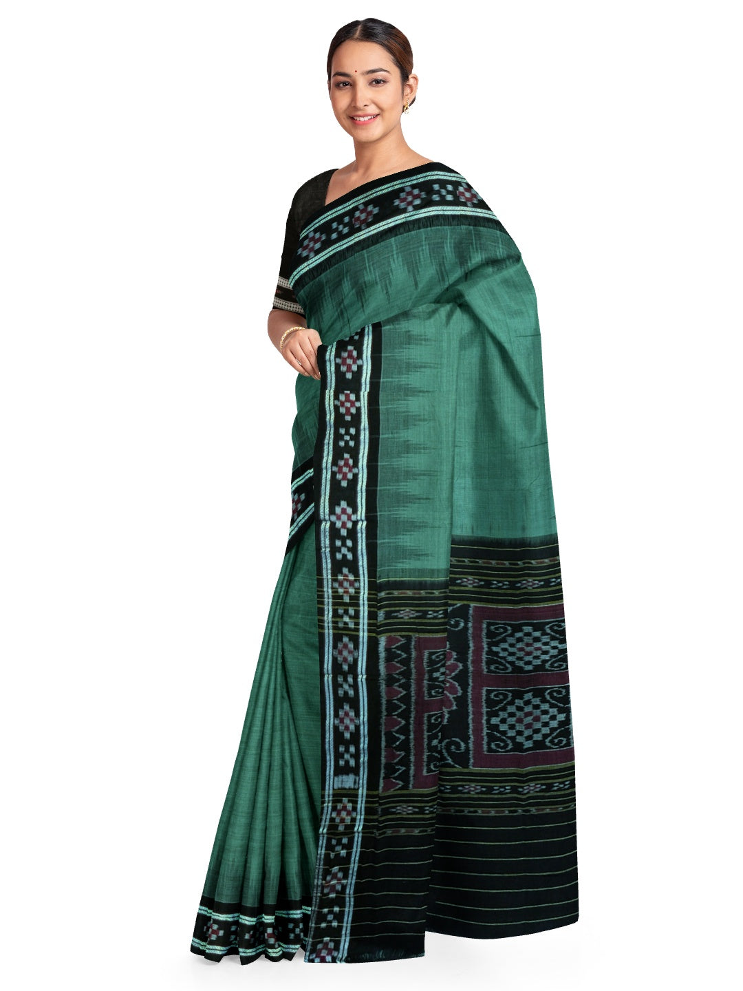 Green Black Odisha Ikat saree with cotton ikat blouse piece
