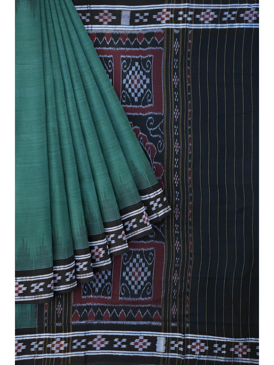 Green Black Odisha Ikat saree with cotton ikat blouse piece