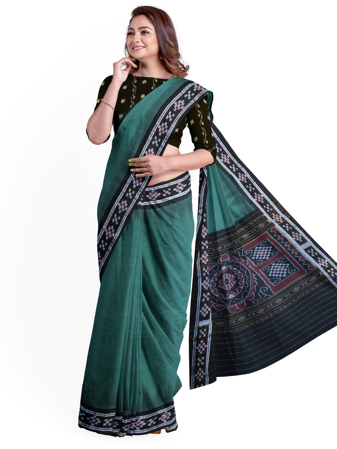 Green Black Odisha Ikat saree with cotton ikat blouse piece
