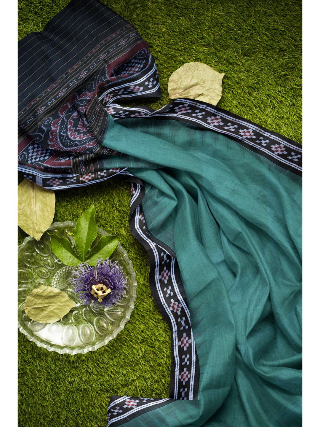Green Black Odisha Ikat saree with cotton ikat blouse piece