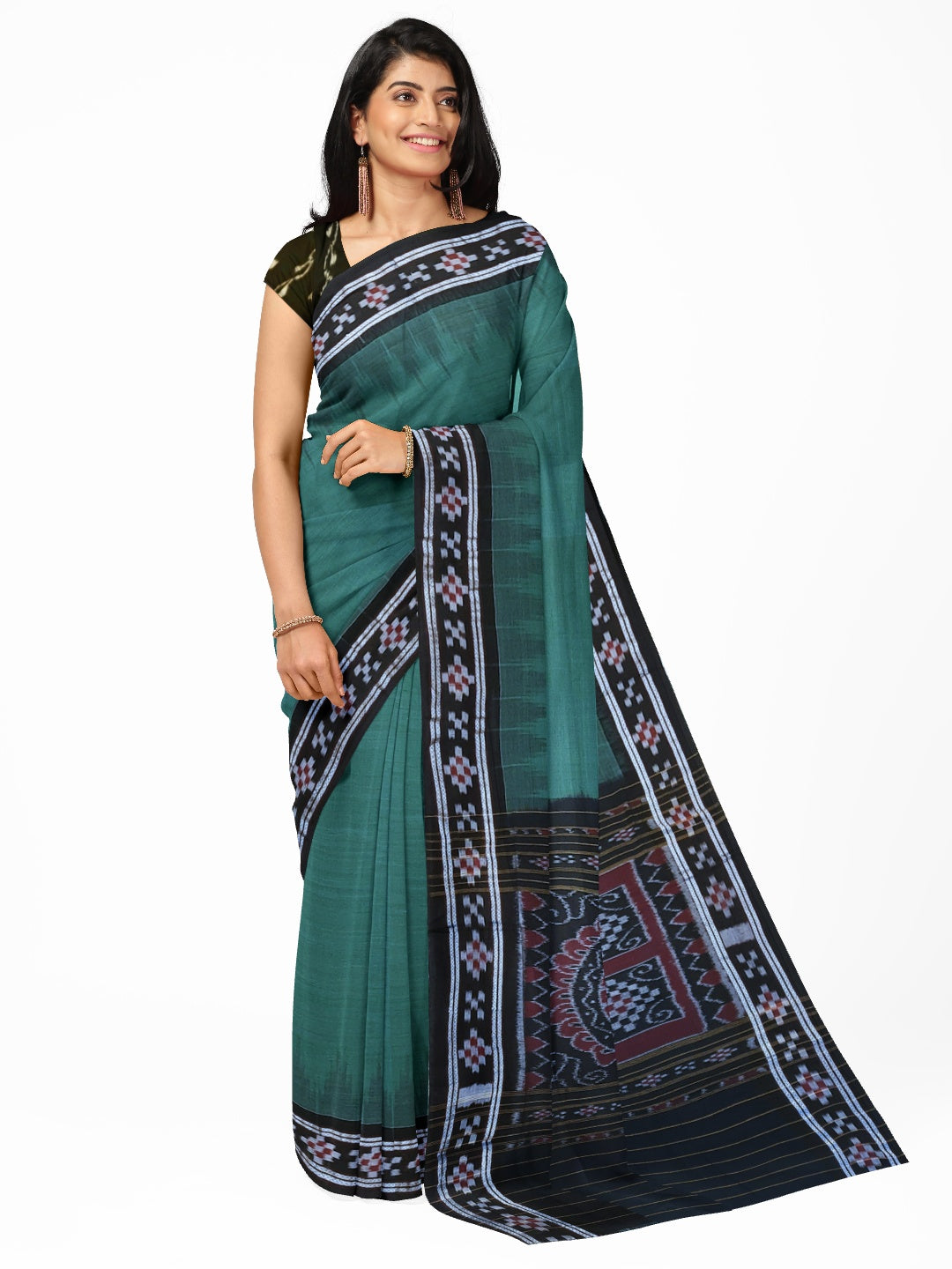 Green Black Odisha Ikat saree with cotton ikat blouse piece
