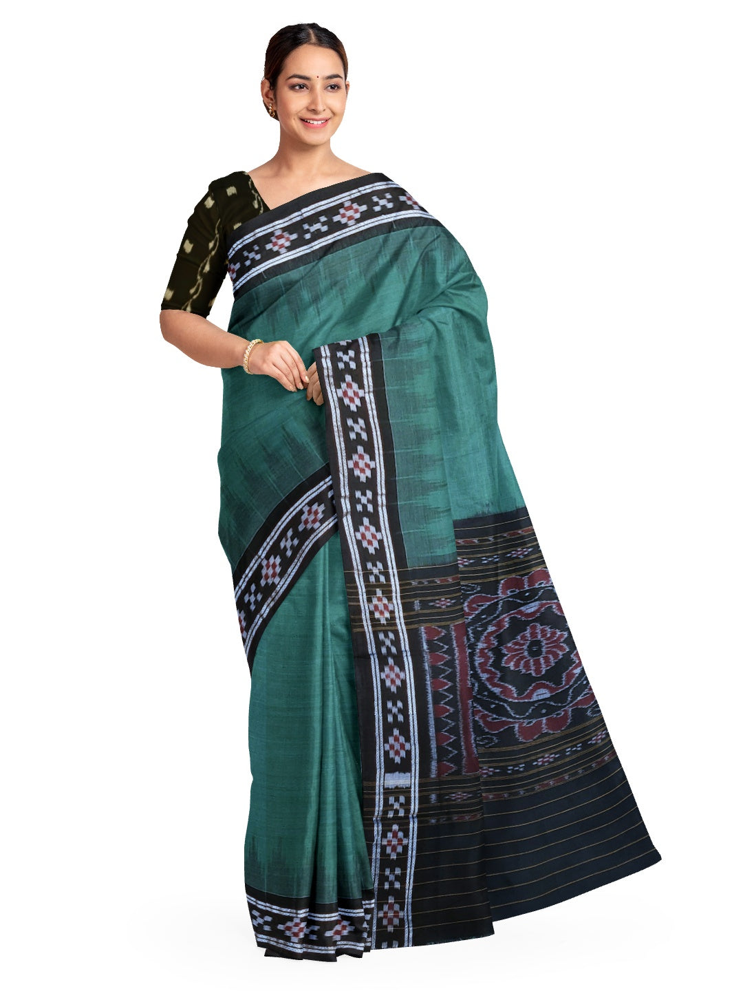 Green Black Odisha Ikat saree with cotton ikat blouse piece