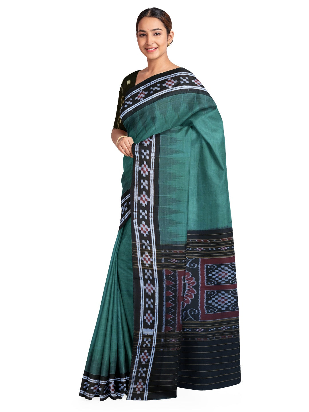 Green Black Odisha Ikat saree with cotton ikat blouse piece
