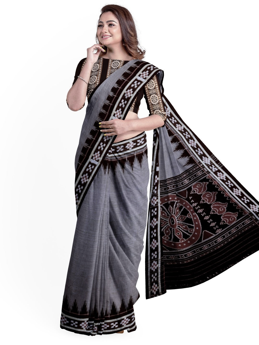 Grey Cotton Odisha Ikat saree with cotton ikat blouse piece