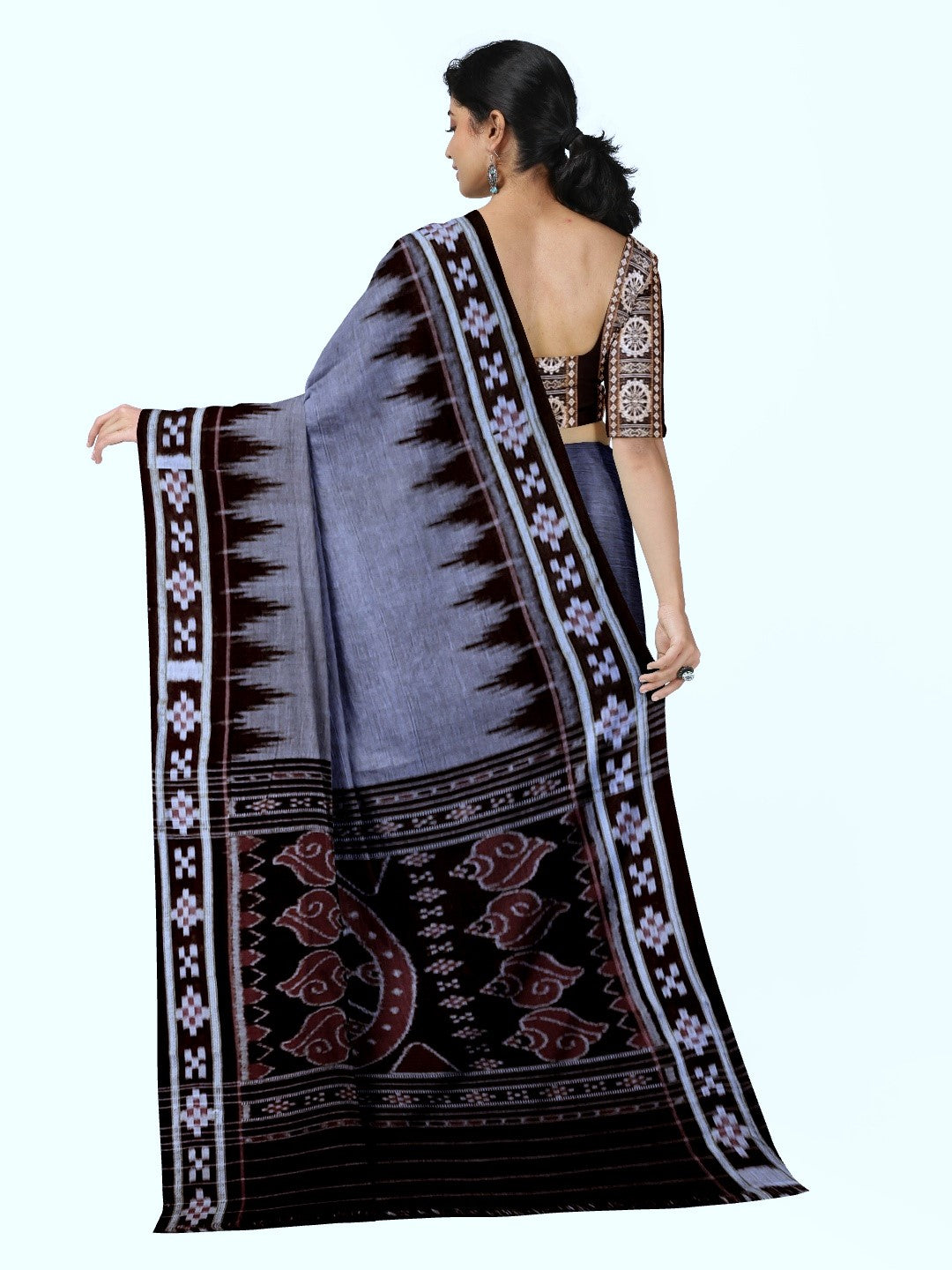 Grey Cotton Odisha Ikat saree with cotton ikat blouse piece
