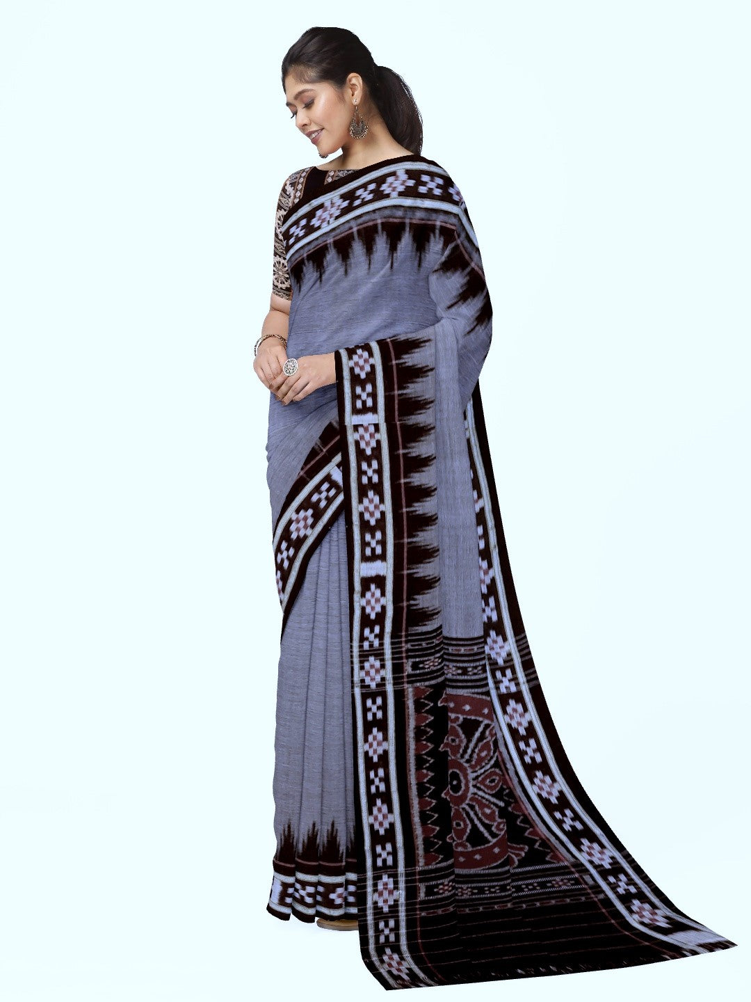 Grey Cotton Odisha Ikat saree with cotton ikat blouse piece