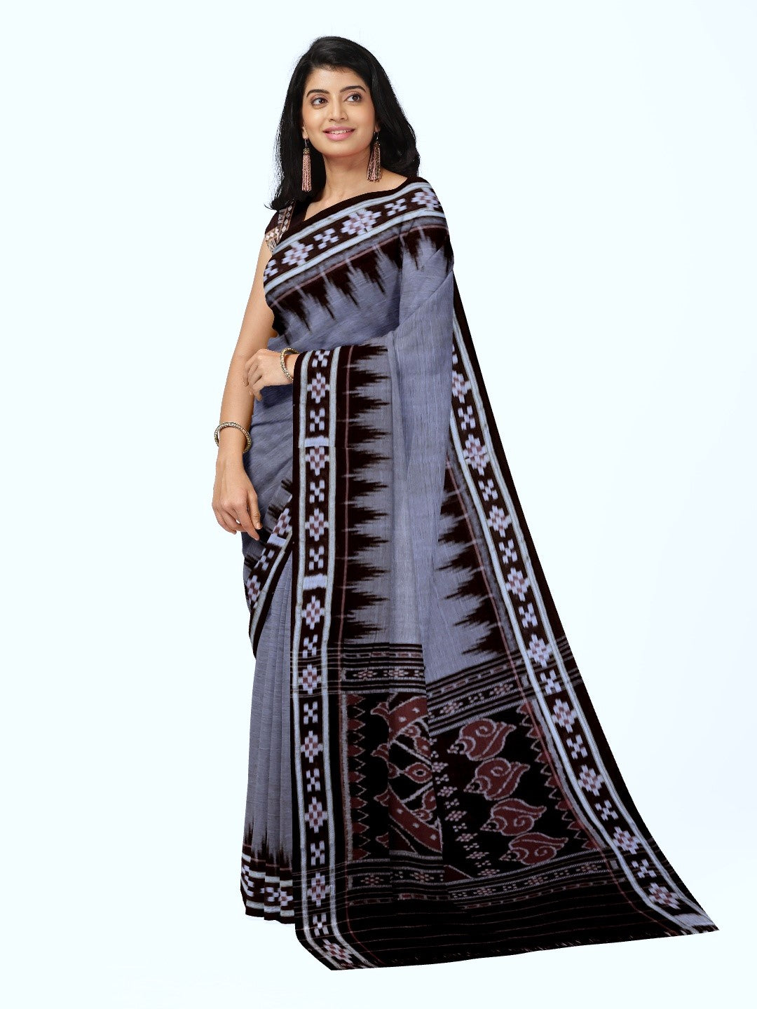 Grey Cotton Odisha Ikat saree with cotton ikat blouse piece