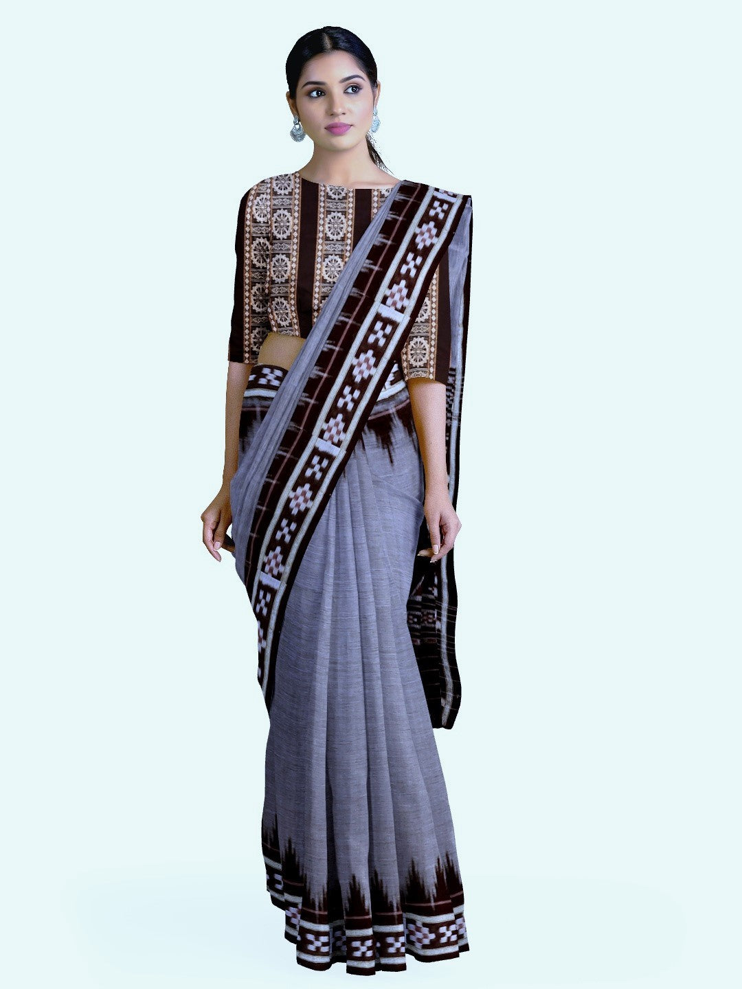 Grey Cotton Odisha Ikat saree with cotton ikat blouse piece