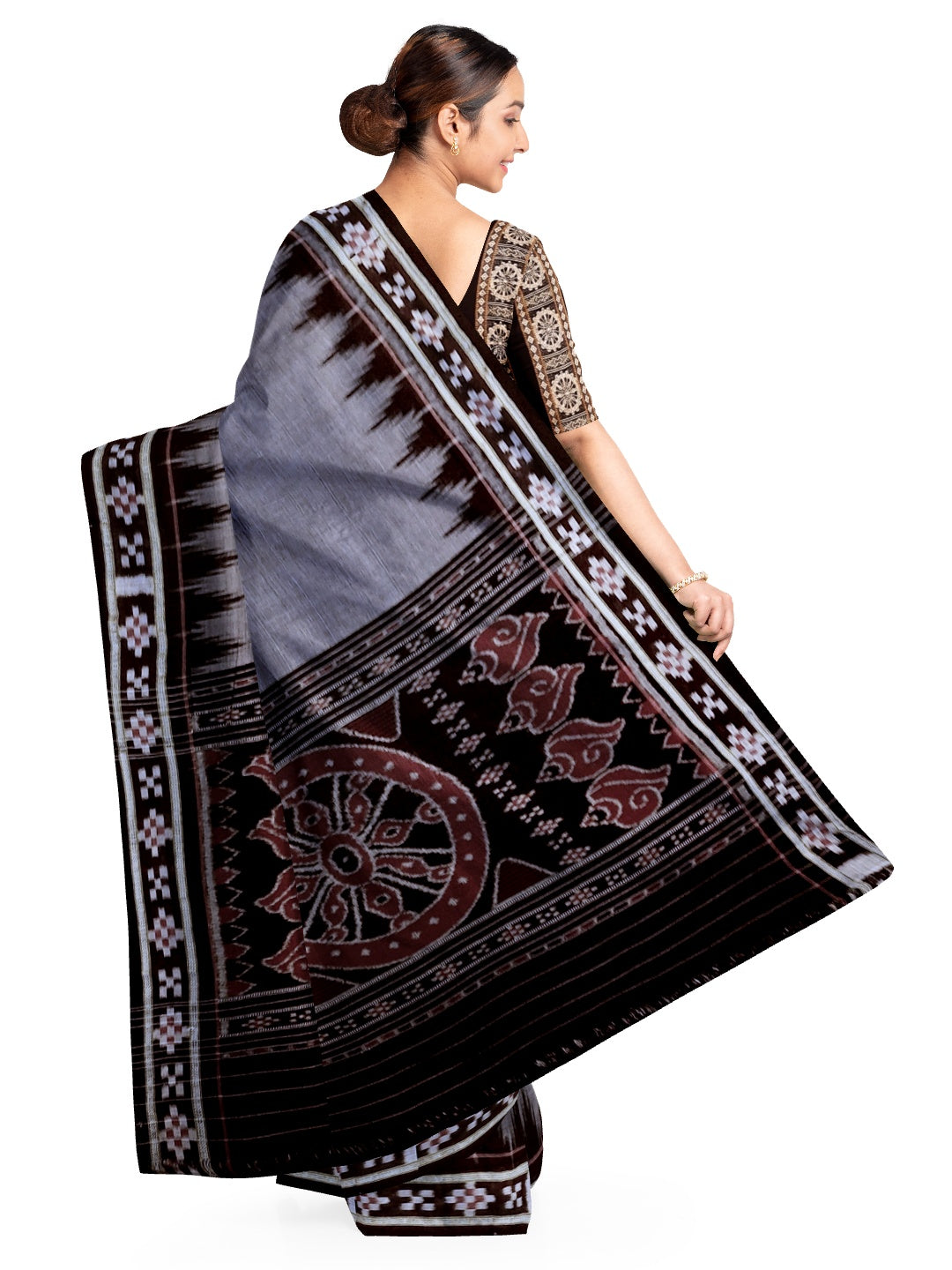 Grey Cotton Odisha Ikat saree with cotton ikat blouse piece