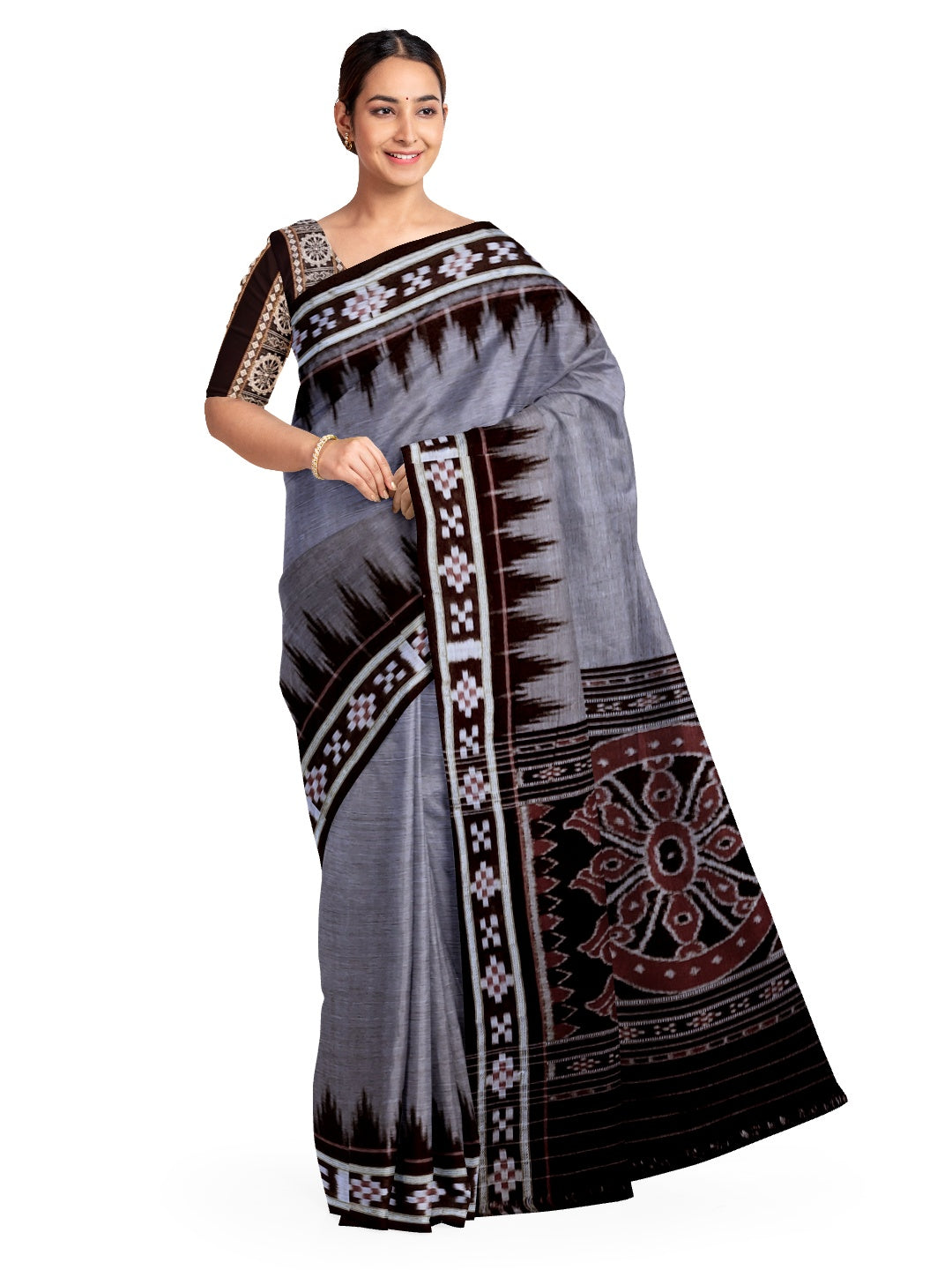 Grey Cotton Odisha Ikat saree with cotton ikat blouse piece