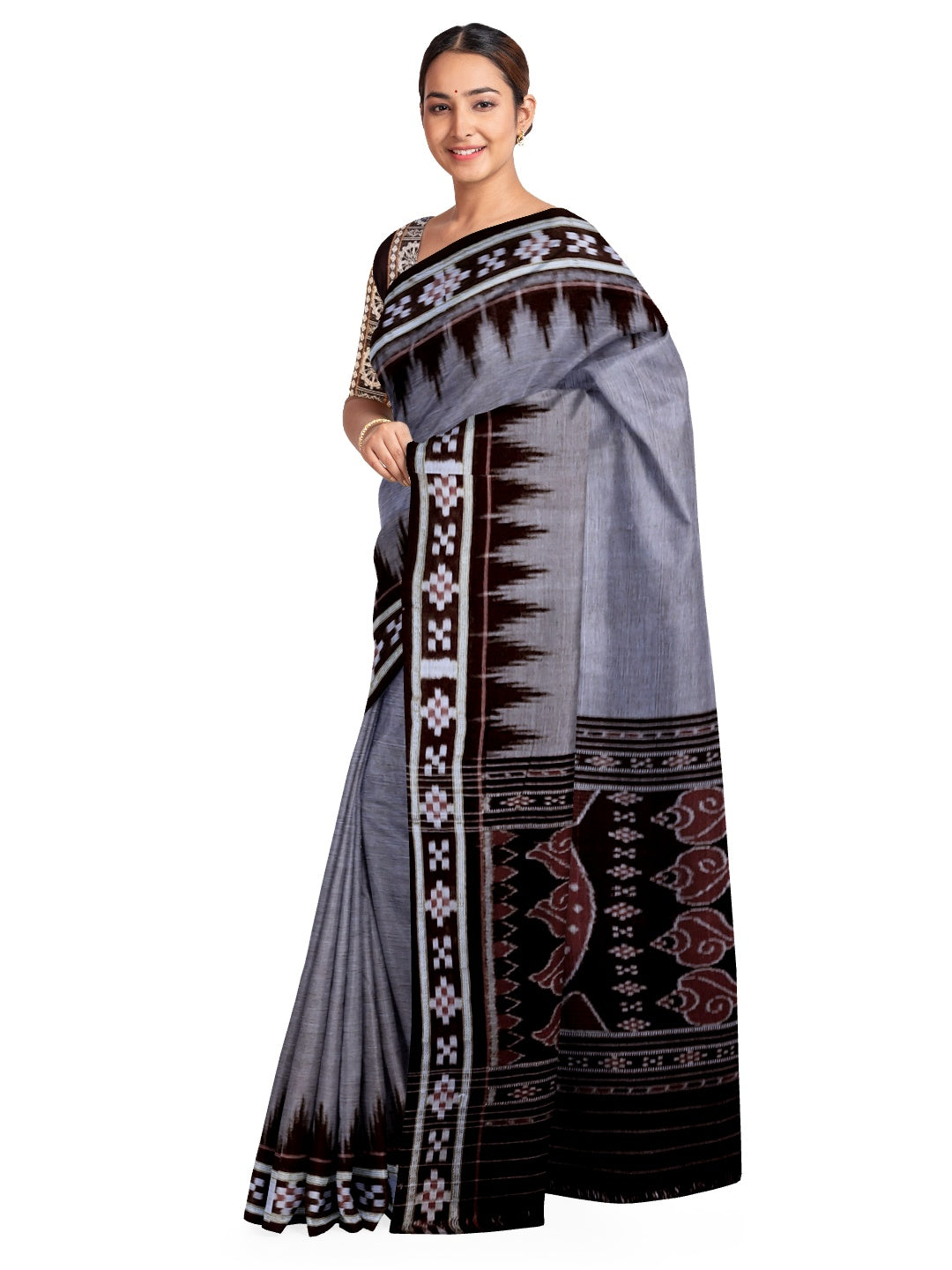 Grey Cotton Odisha Ikat saree with cotton ikat blouse piece