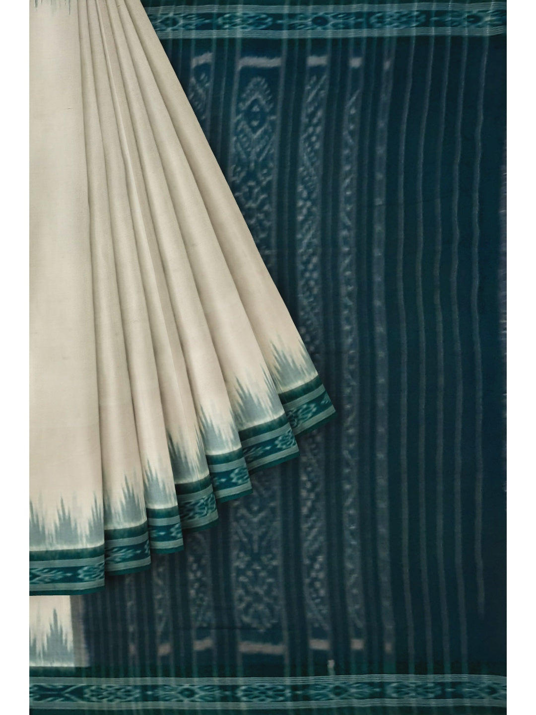 White with Green Odisha Ikat saree with cotton ikat blouse piece