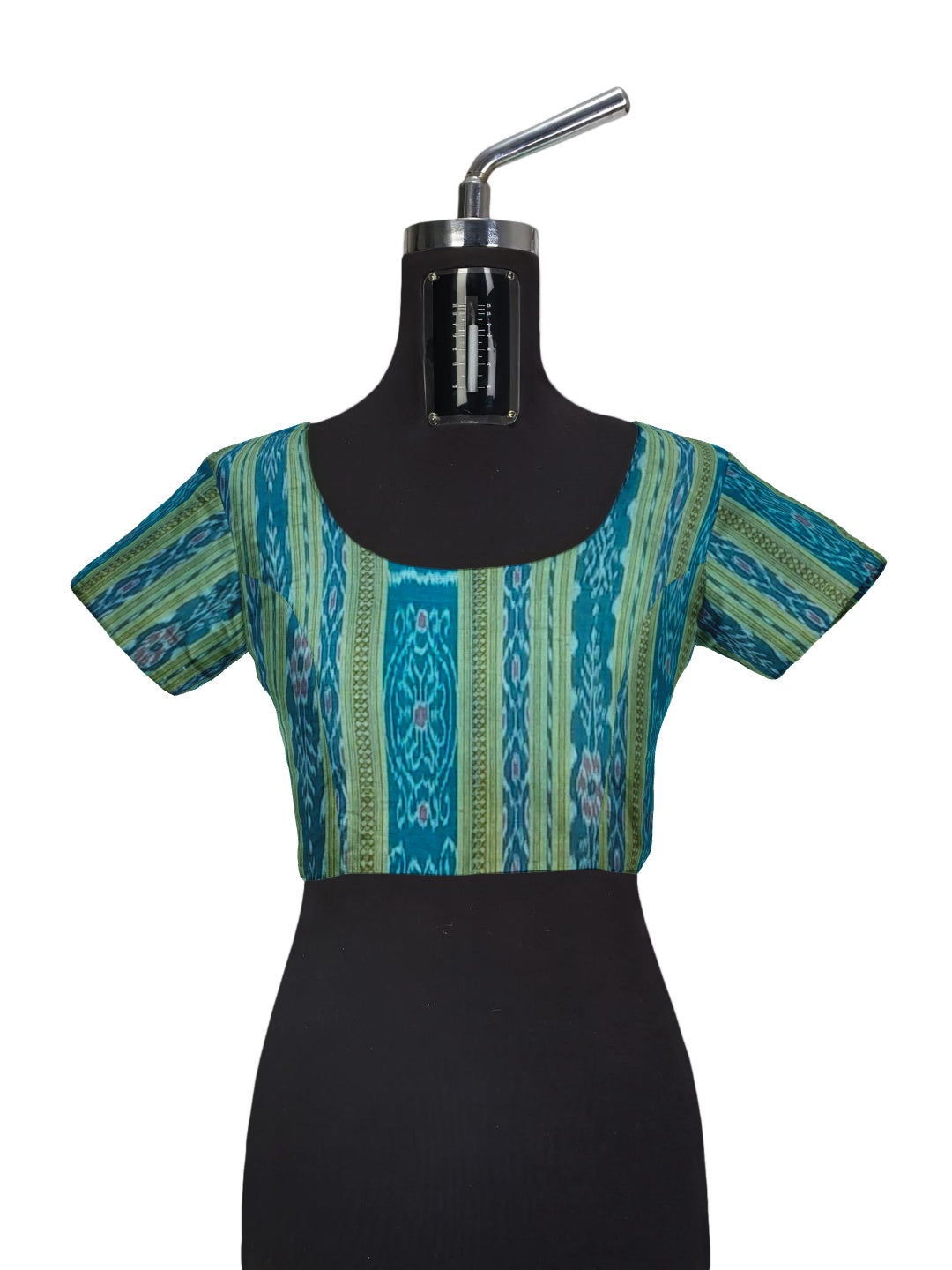 White with Green Odisha Ikat saree with cotton ikat blouse piece