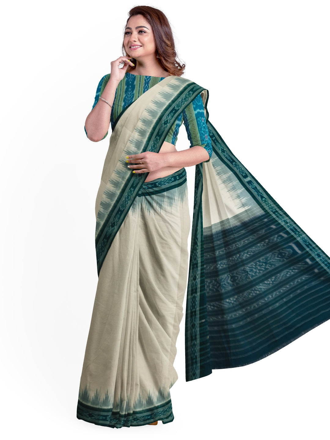 White with Green Odisha Ikat saree with cotton ikat blouse piece