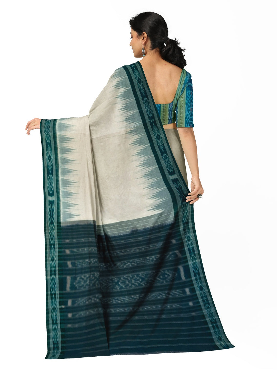 White with Green Odisha Ikat saree with cotton ikat blouse piece