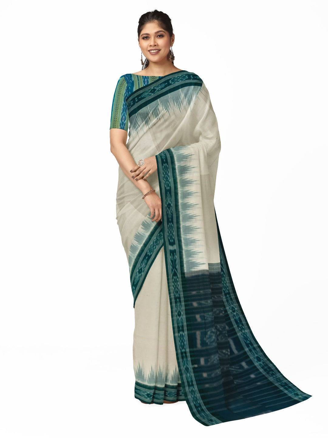White with Green Odisha Ikat saree with cotton ikat blouse piece