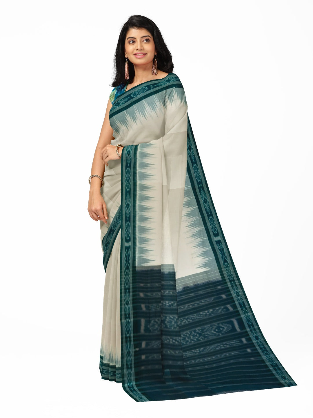 White with Green Odisha Ikat saree with cotton ikat blouse piece
