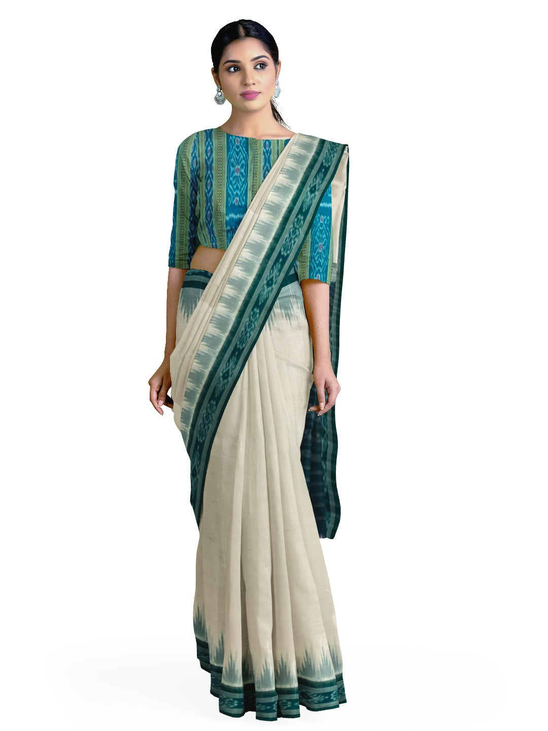 White with Green Odisha Ikat saree with cotton ikat blouse piece