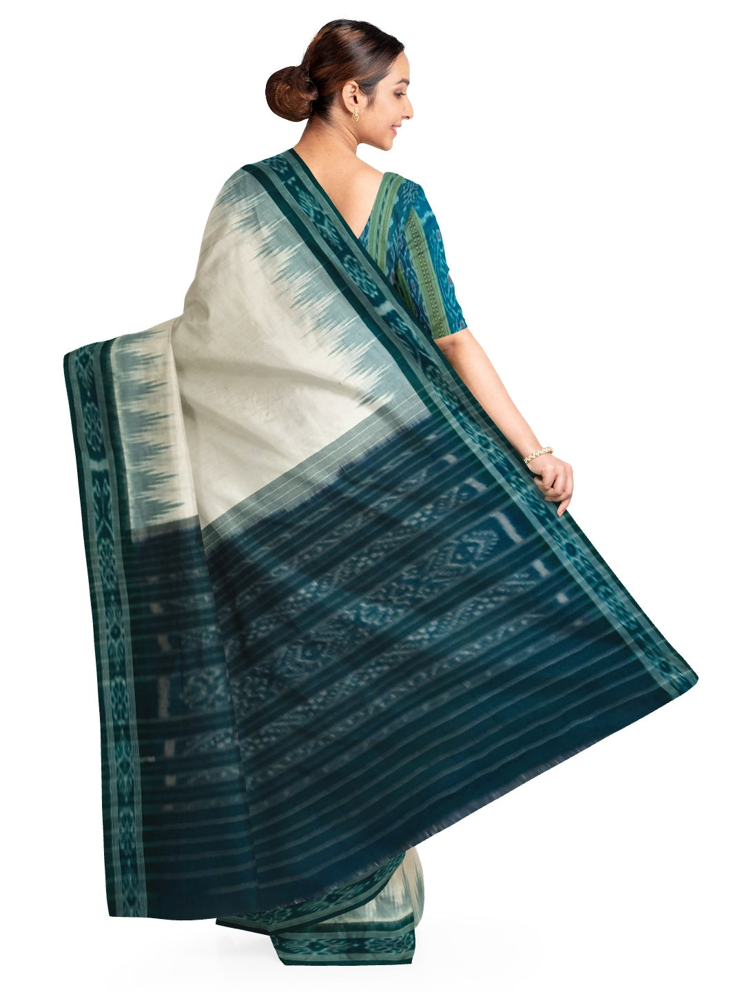 White with Green Odisha Ikat saree with cotton ikat blouse piece