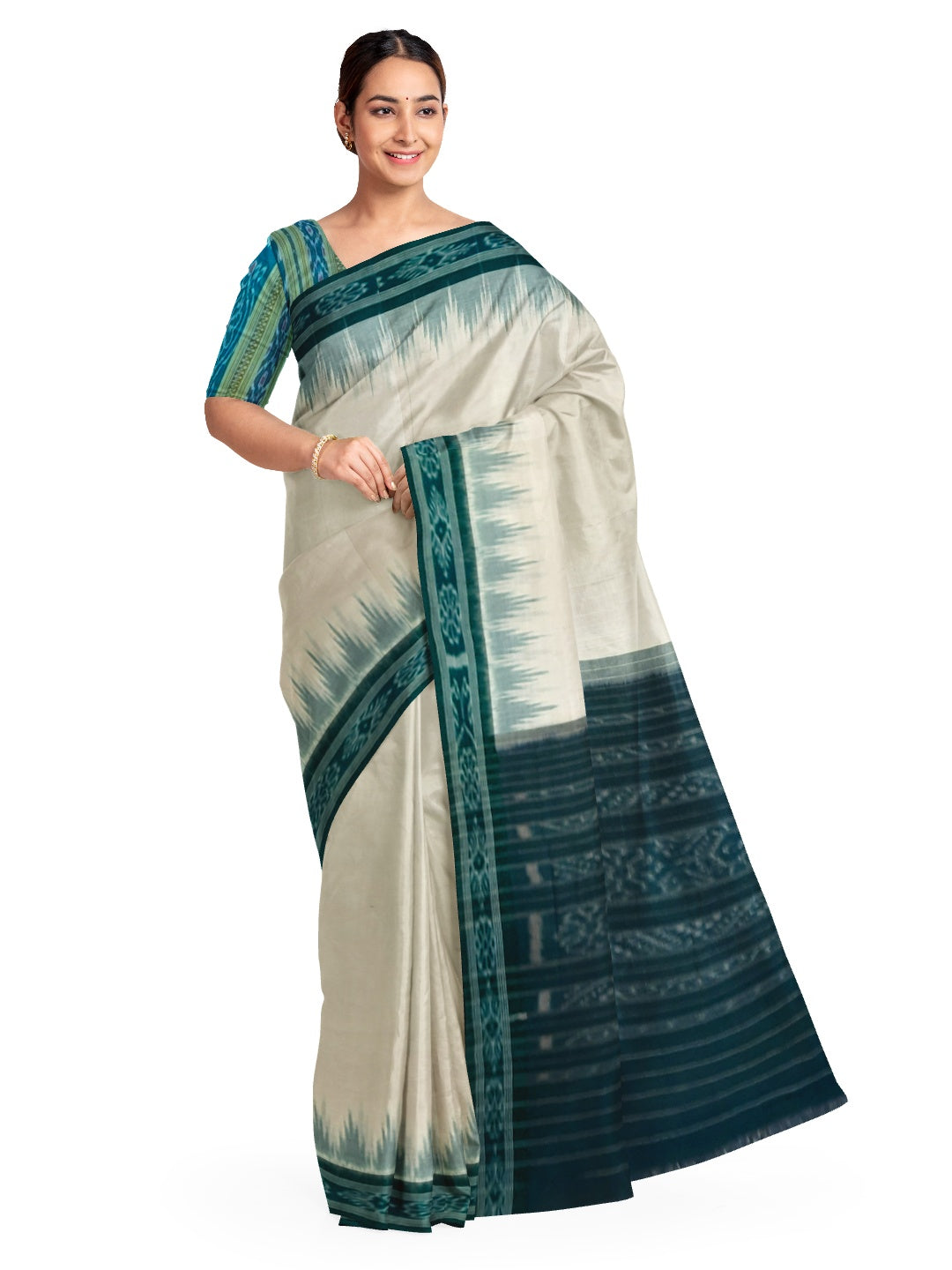 White with Green Odisha Ikat saree with cotton ikat blouse piece