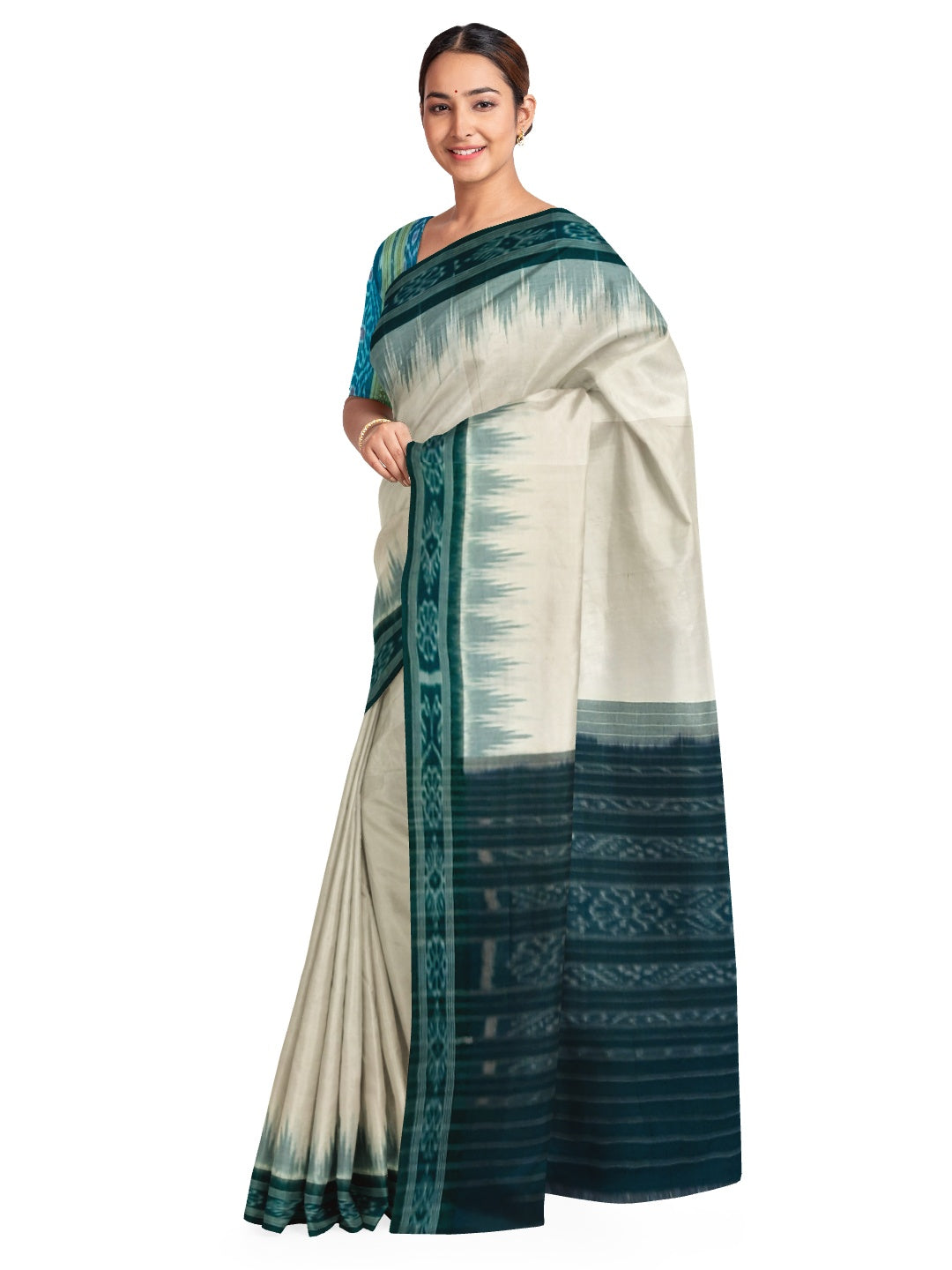 White with Green Odisha Ikat saree with cotton ikat blouse piece