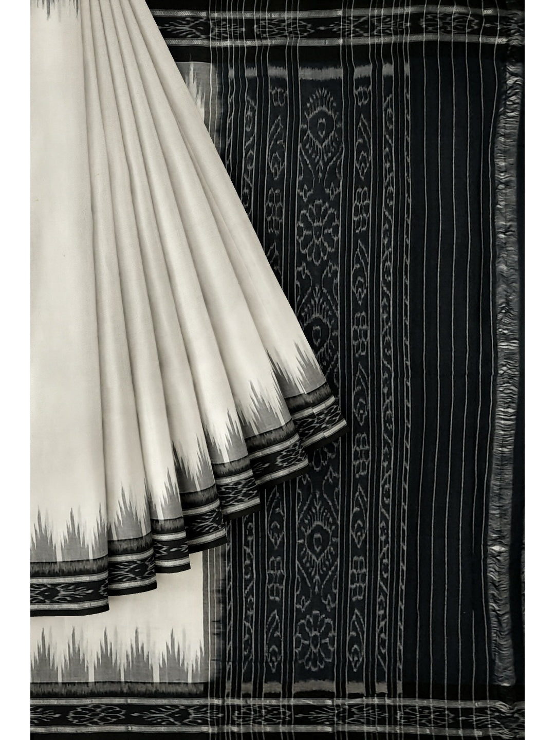 White and Black Odisha Ikat saree with cotton ikat blouse piece