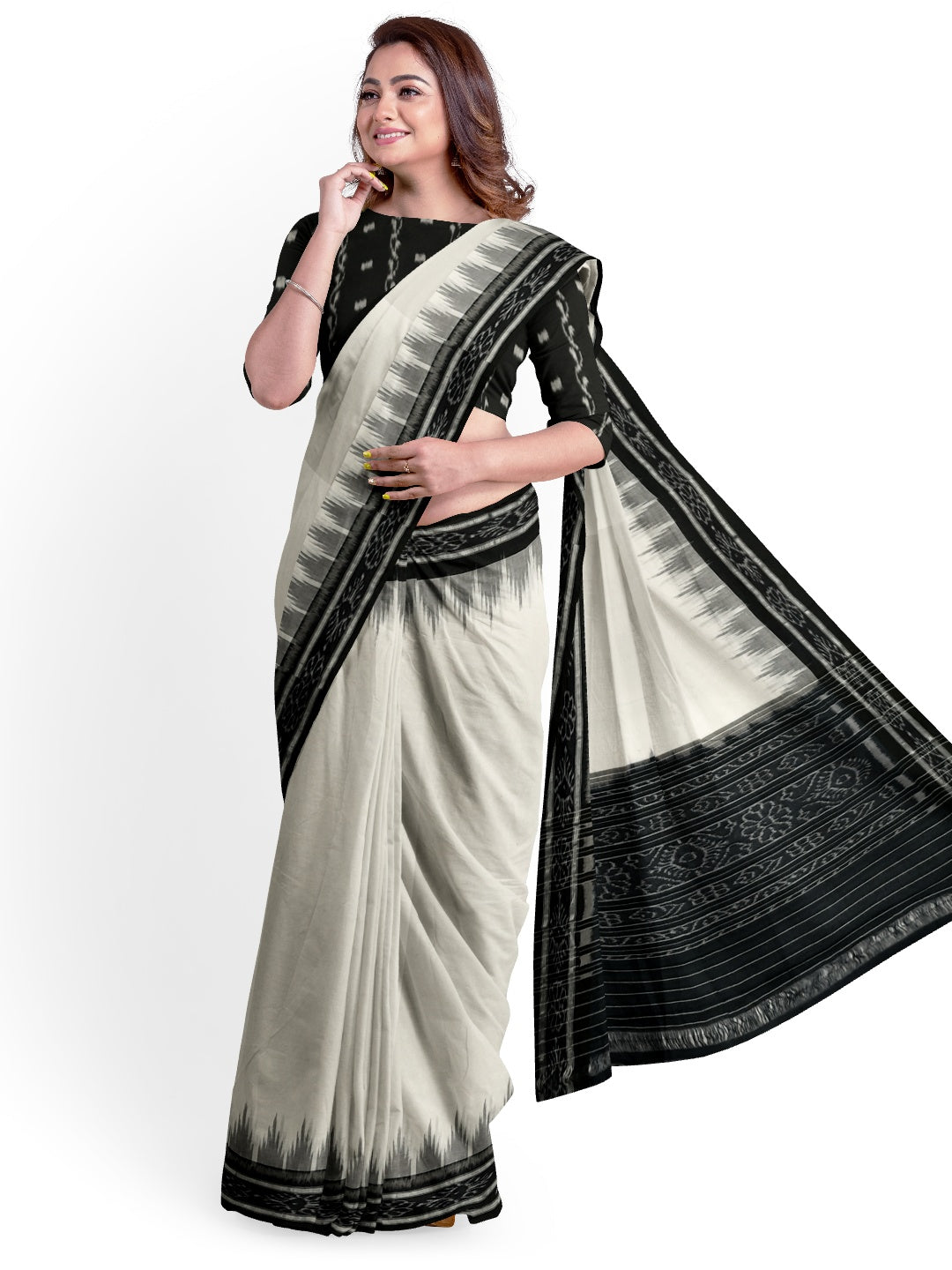 White and Black Odisha Ikat saree with cotton ikat blouse piece