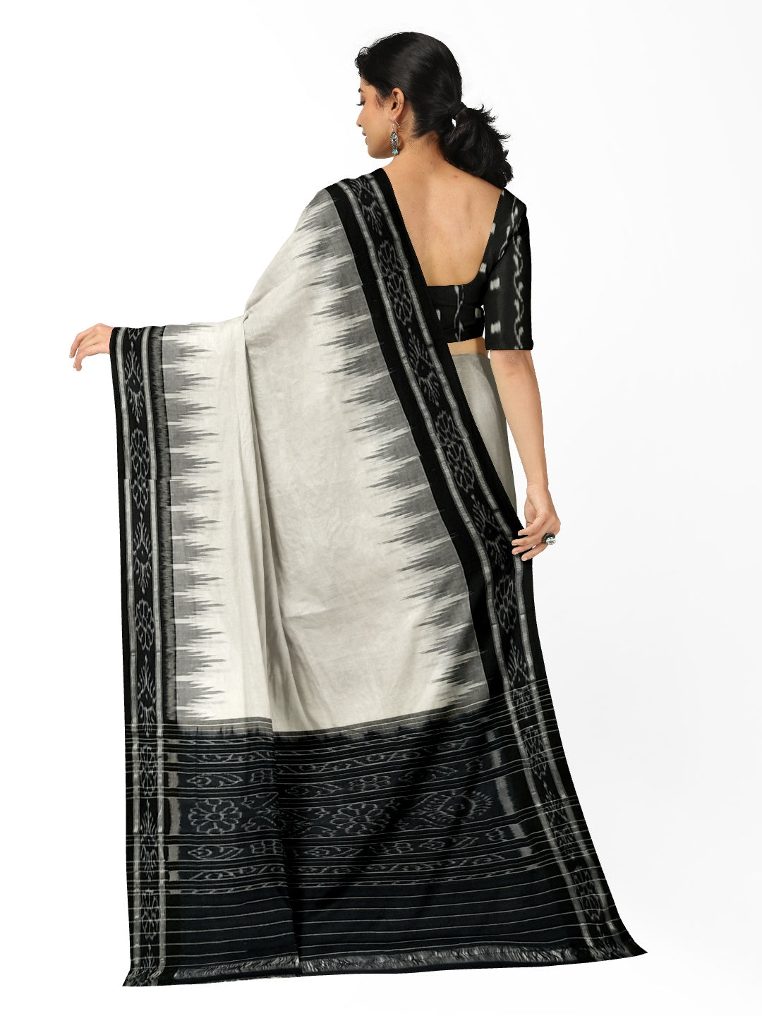 White and Black Odisha Ikat saree with cotton ikat blouse piece
