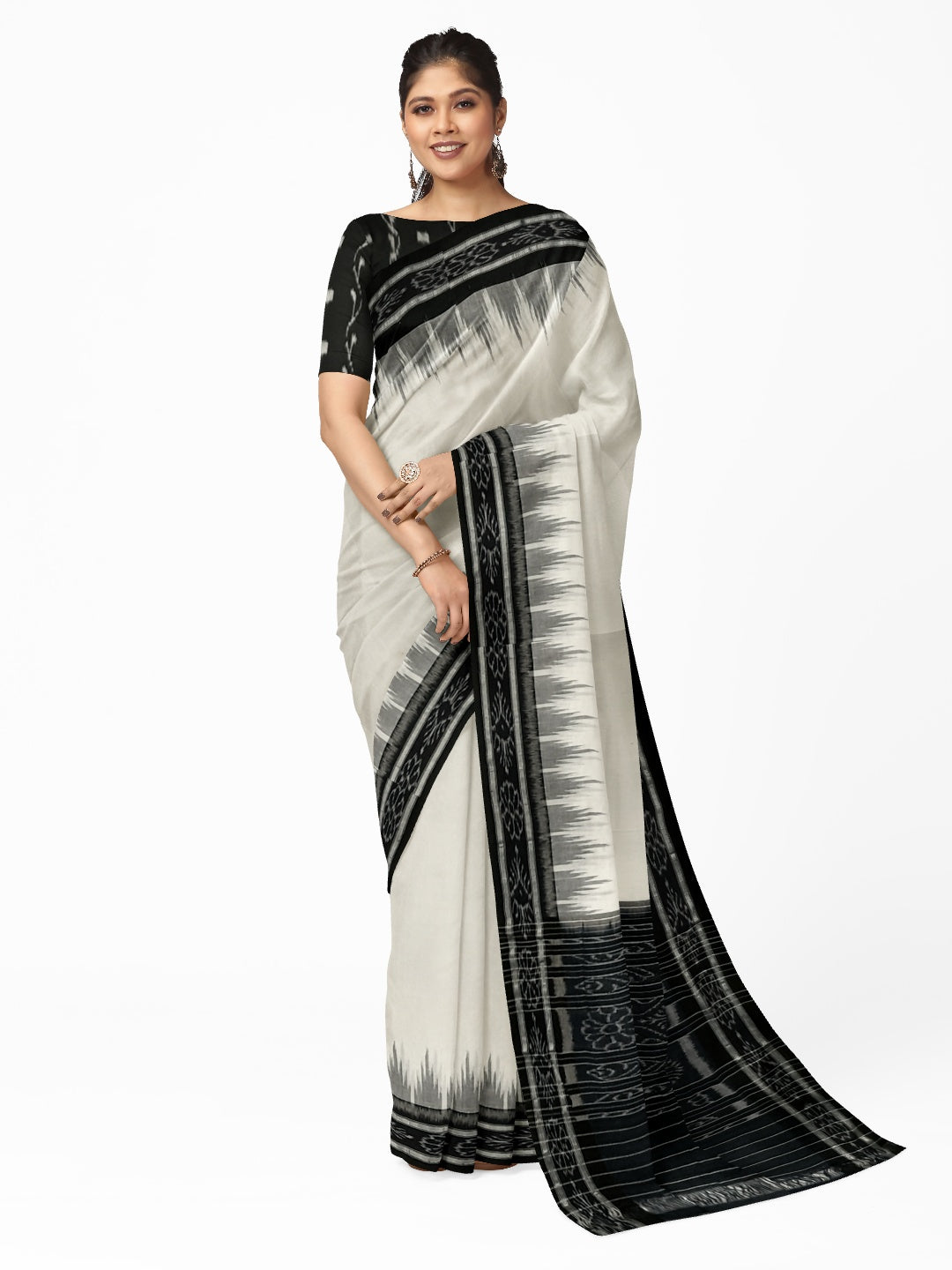White and Black Odisha Ikat saree with cotton ikat blouse piece