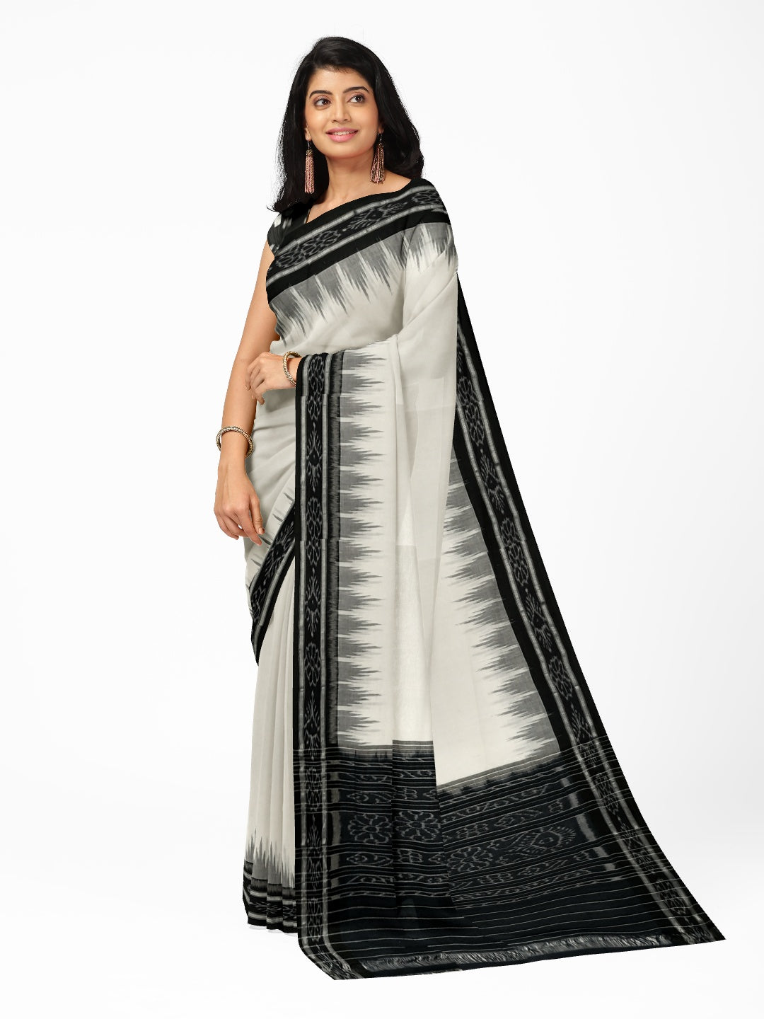 White and Black Odisha Ikat saree with cotton ikat blouse piece