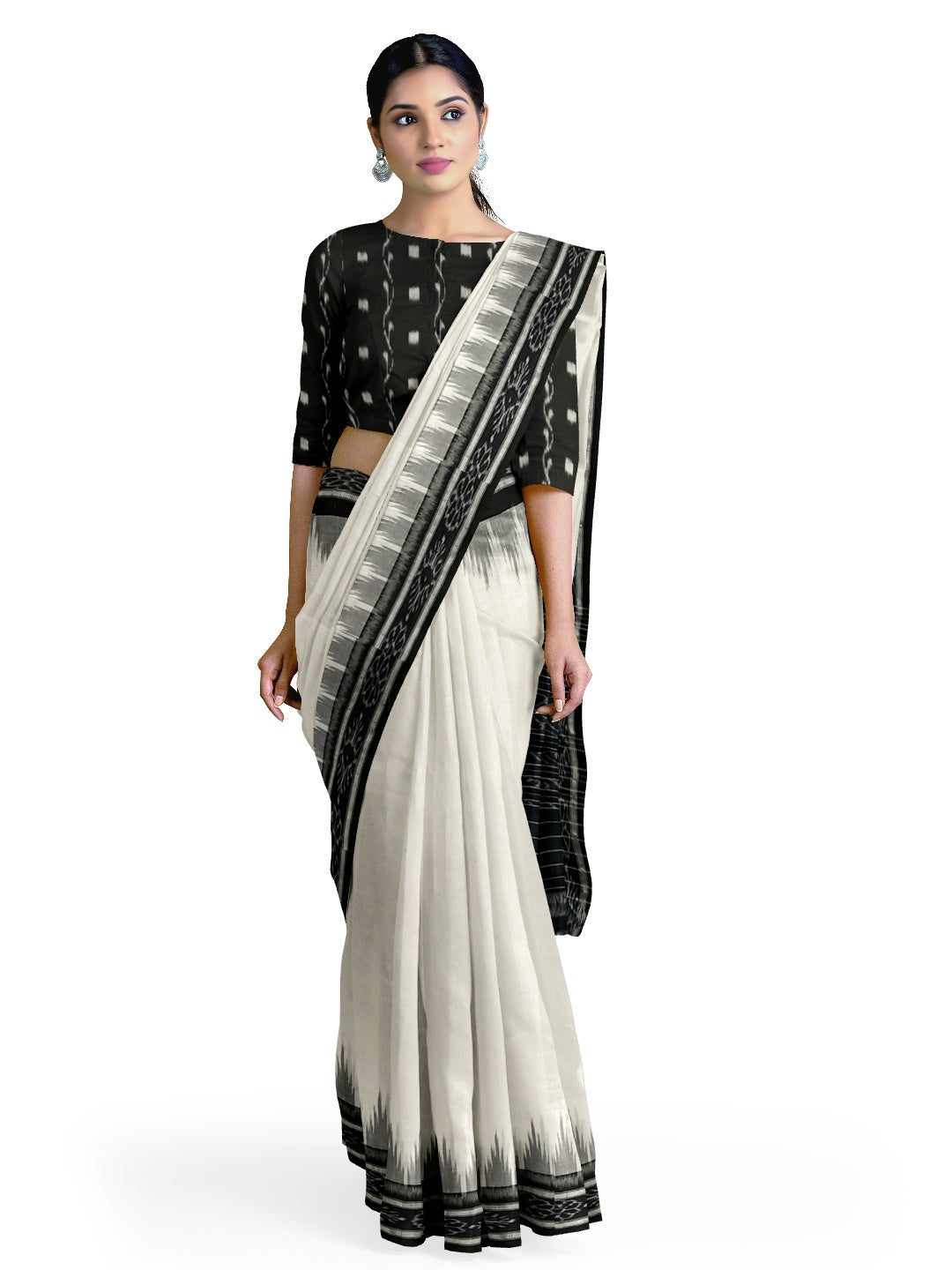 White and Black Odisha Ikat saree with cotton ikat blouse piece