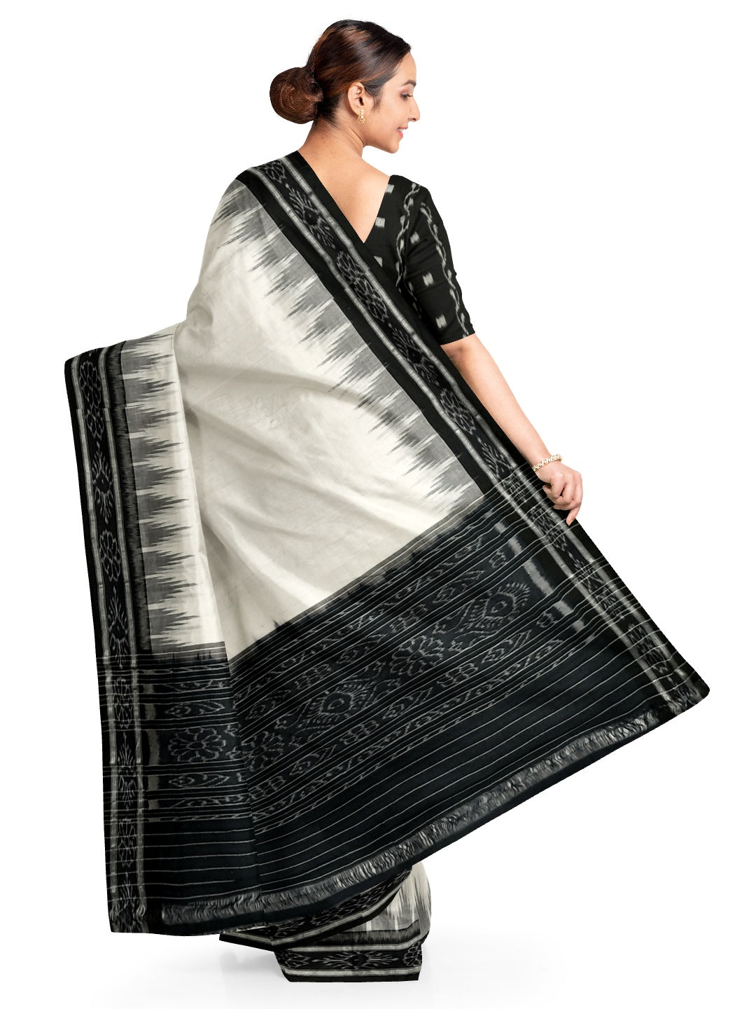 White and Black Odisha Ikat saree with cotton ikat blouse piece