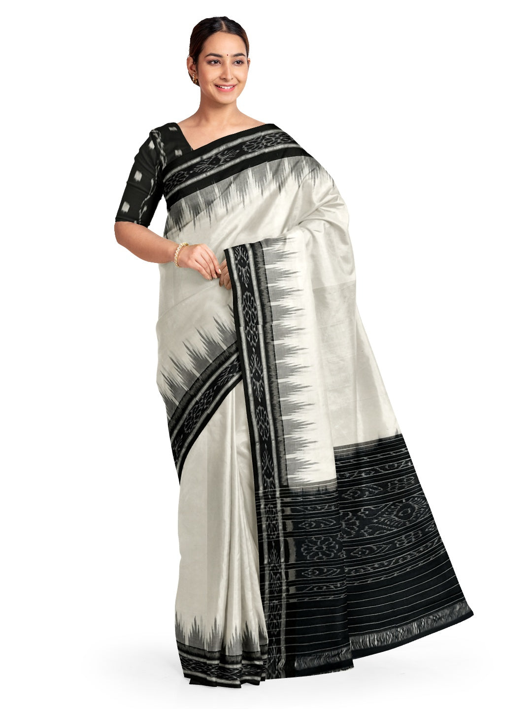 White and Black Odisha Ikat saree with cotton ikat blouse piece