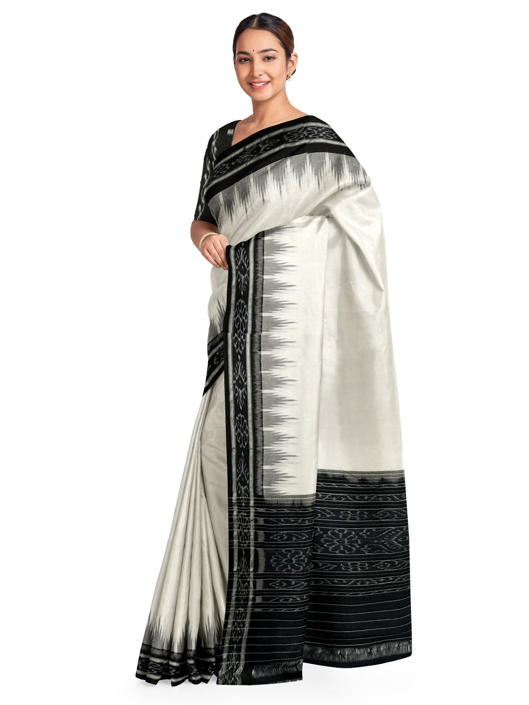 White and Black Odisha Ikat saree with cotton ikat blouse piece