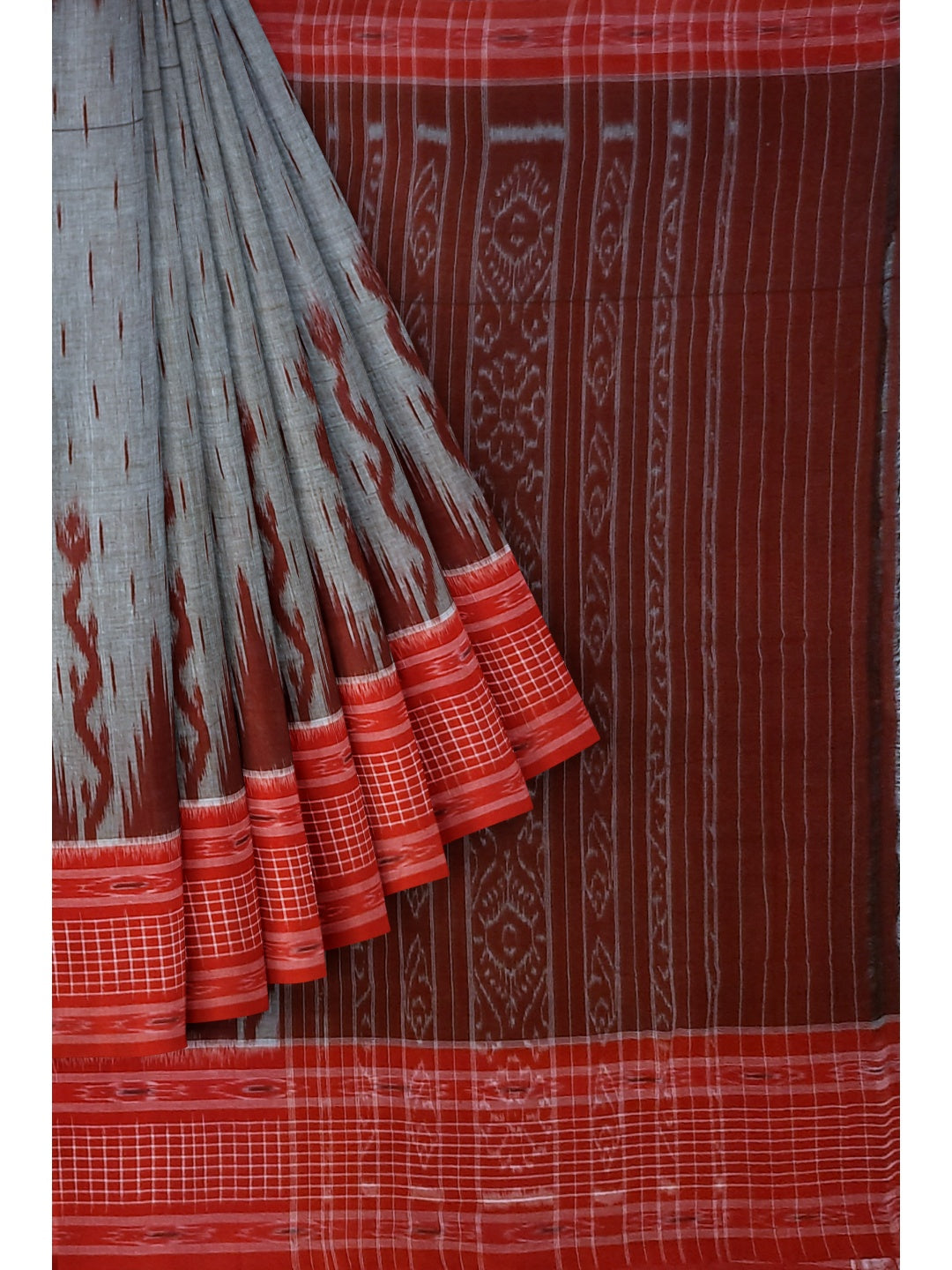 Grey with Red wide border Cotton Odisha Ikat saree with mix match cotton ikat blouse