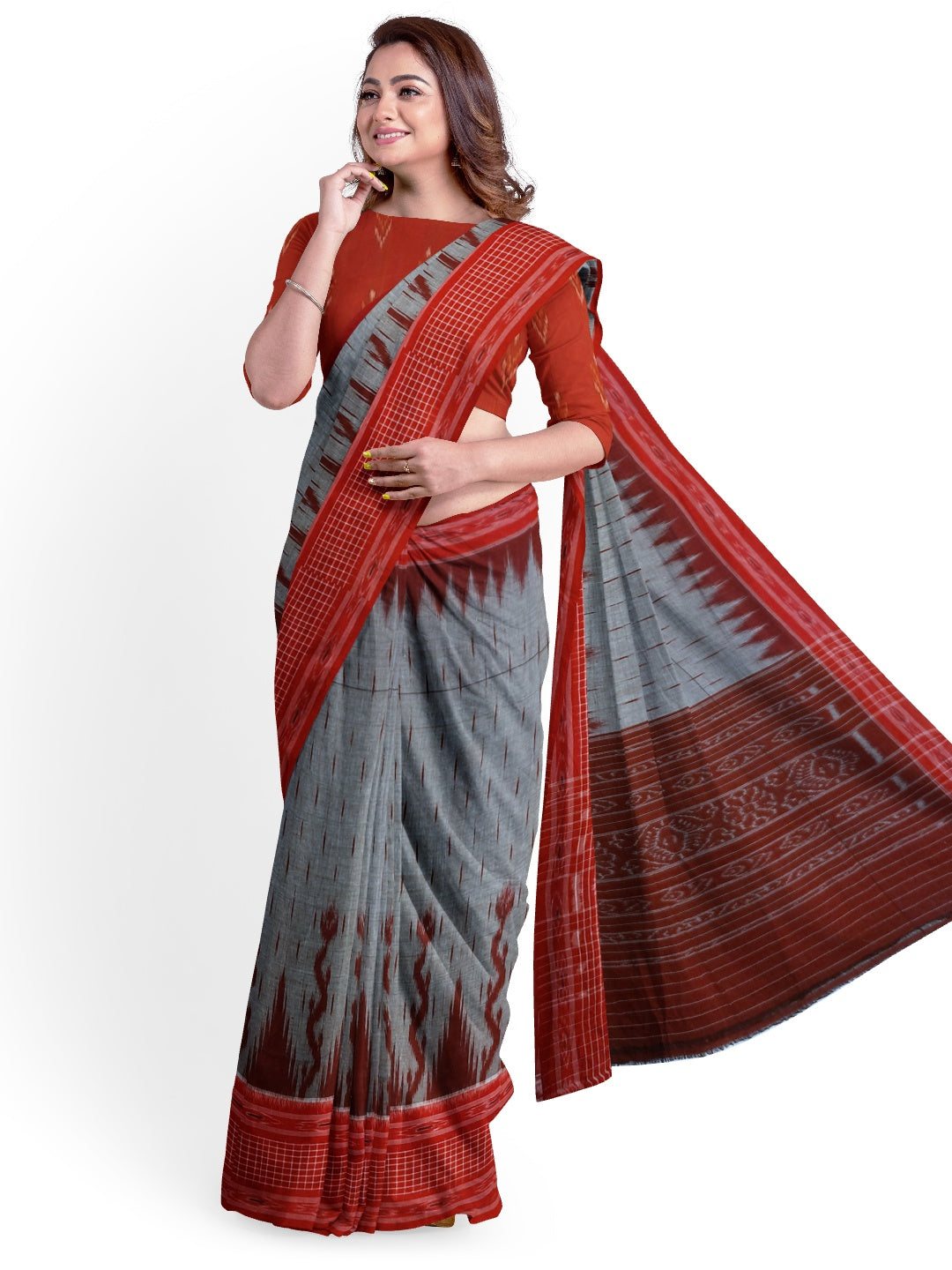 Grey with Red wide border Cotton Odisha Ikat saree with mix match cotton ikat blouse