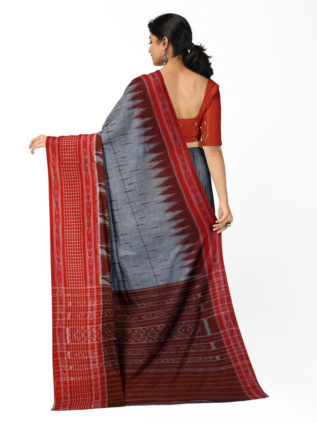 Grey with Red wide border Cotton Odisha Ikat saree with mix match cotton ikat blouse