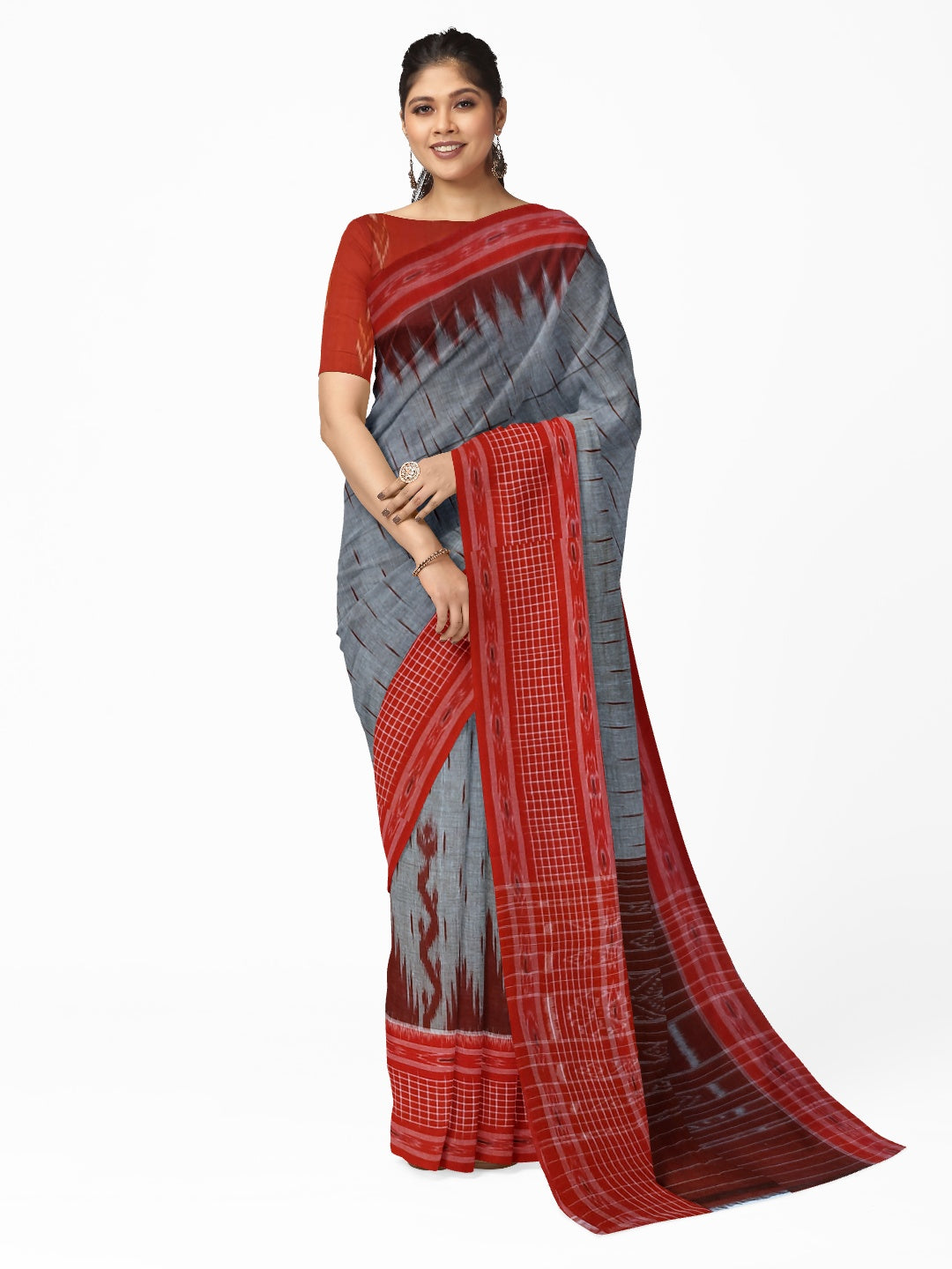 Grey with Red wide border Cotton Odisha Ikat saree with mix match cotton ikat blouse