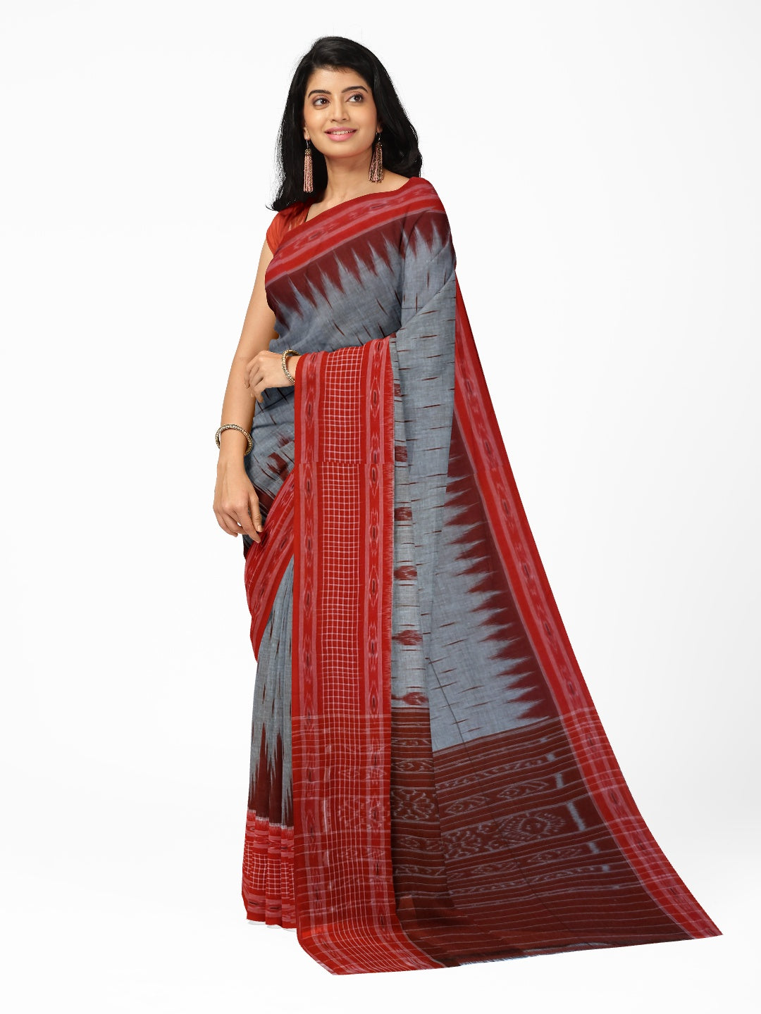 Grey with Red wide border Cotton Odisha Ikat saree with mix match cotton ikat blouse