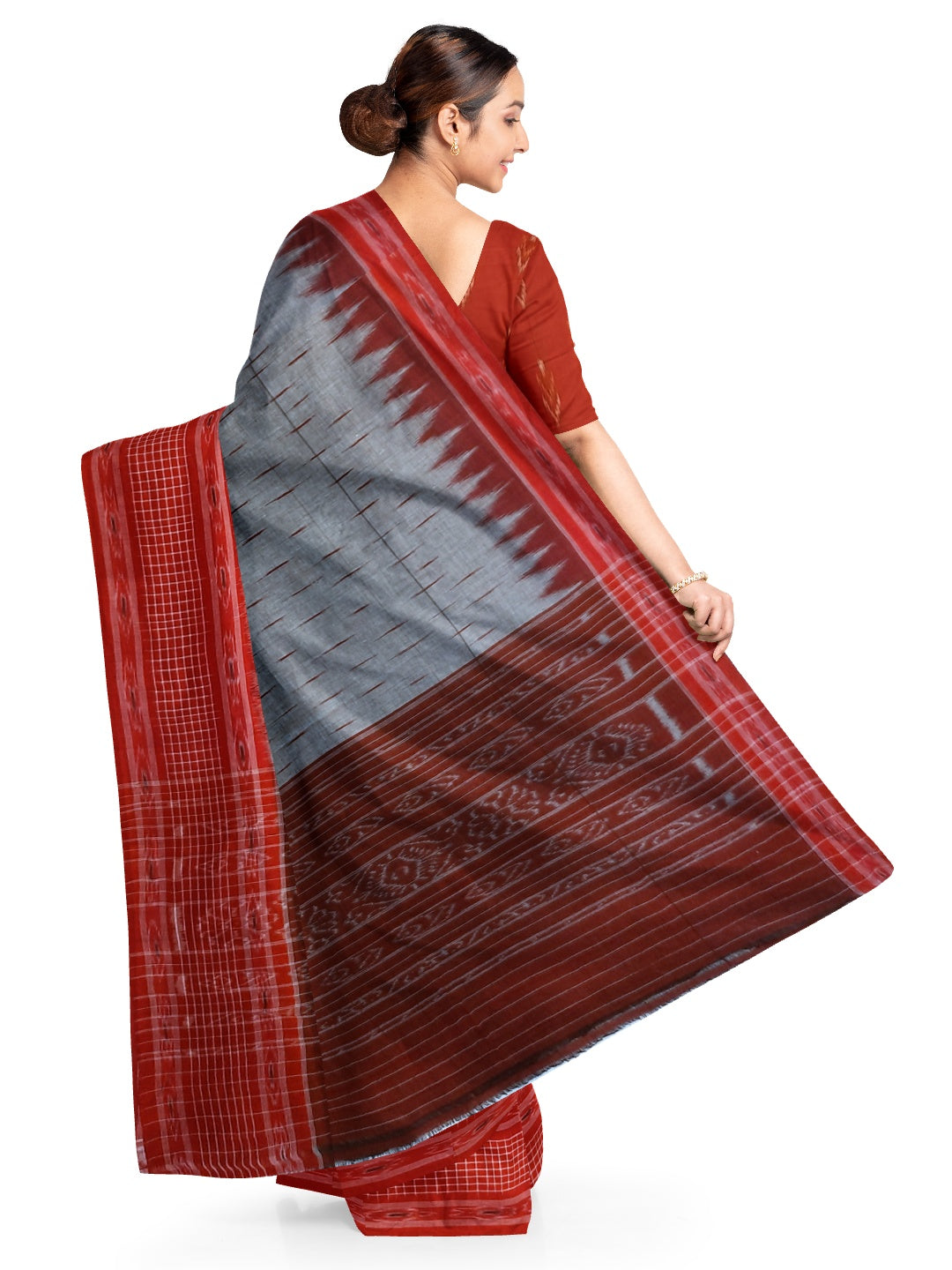 Grey with Red wide border Cotton Odisha Ikat saree with mix match cotton ikat blouse