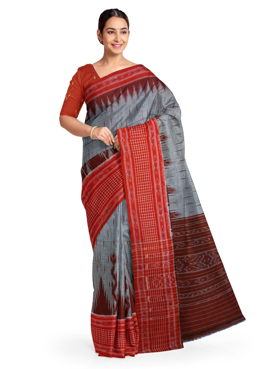 Grey with Red wide border Cotton Odisha Ikat saree with mix match cotton ikat blouse