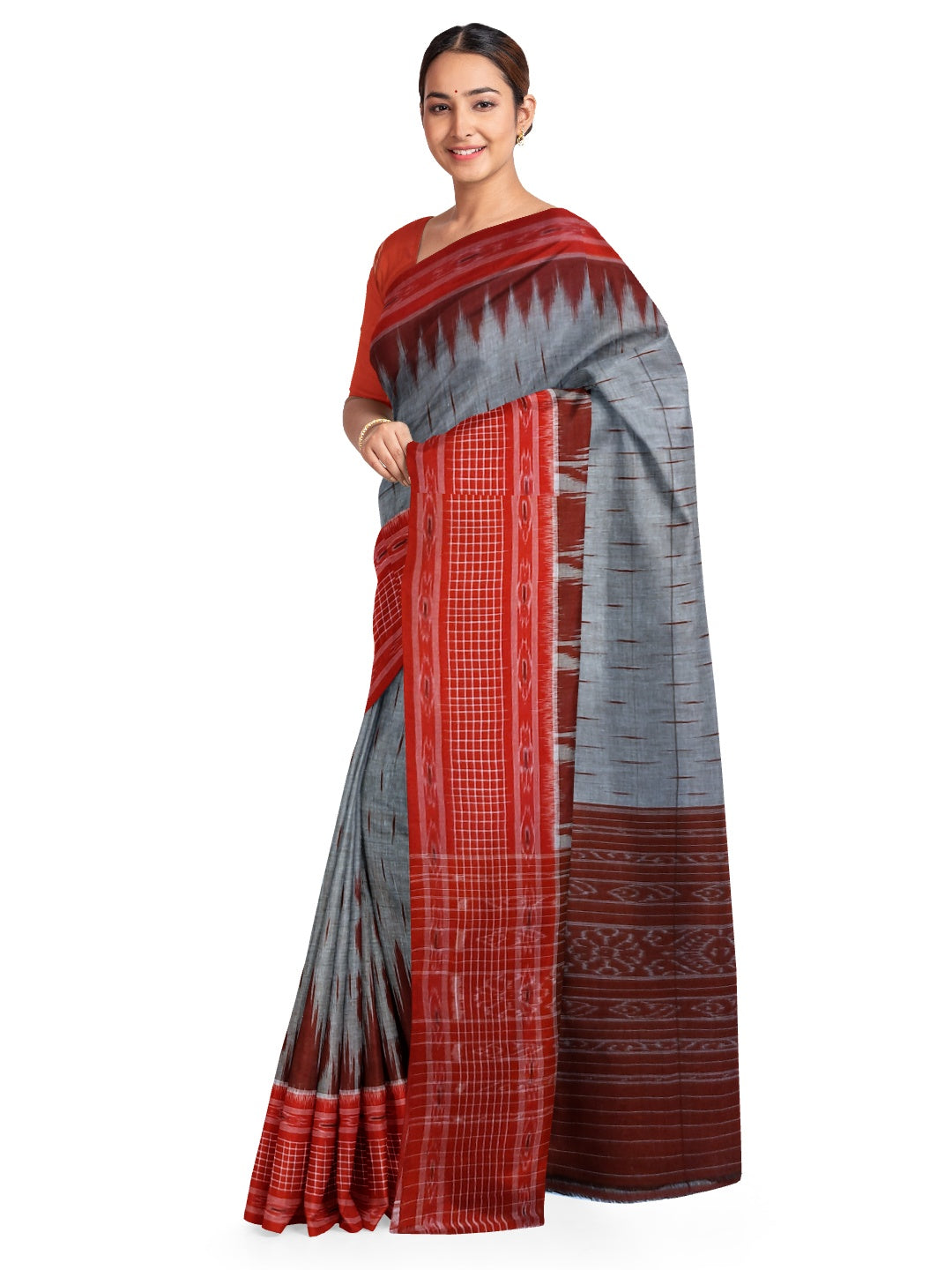 Grey with Red wide border Cotton Odisha Ikat saree with mix match cotton ikat blouse