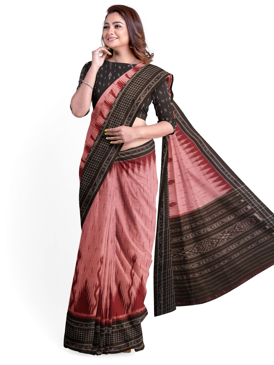 Pink with Black wide border Cotton Odisha Ikat saree with mix match cotton ikat blouse
