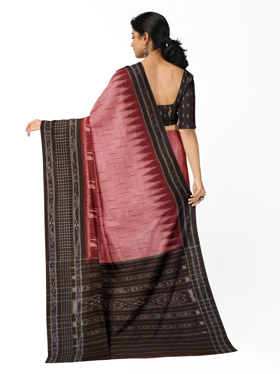 Pink with Black wide border Cotton Odisha Ikat saree with mix match cotton ikat blouse
