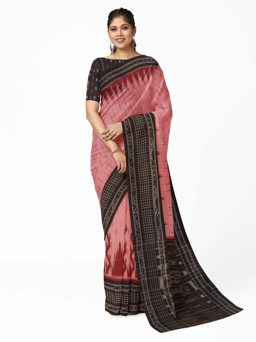Pink with Black wide border Cotton Odisha Ikat saree with mix match cotton ikat blouse