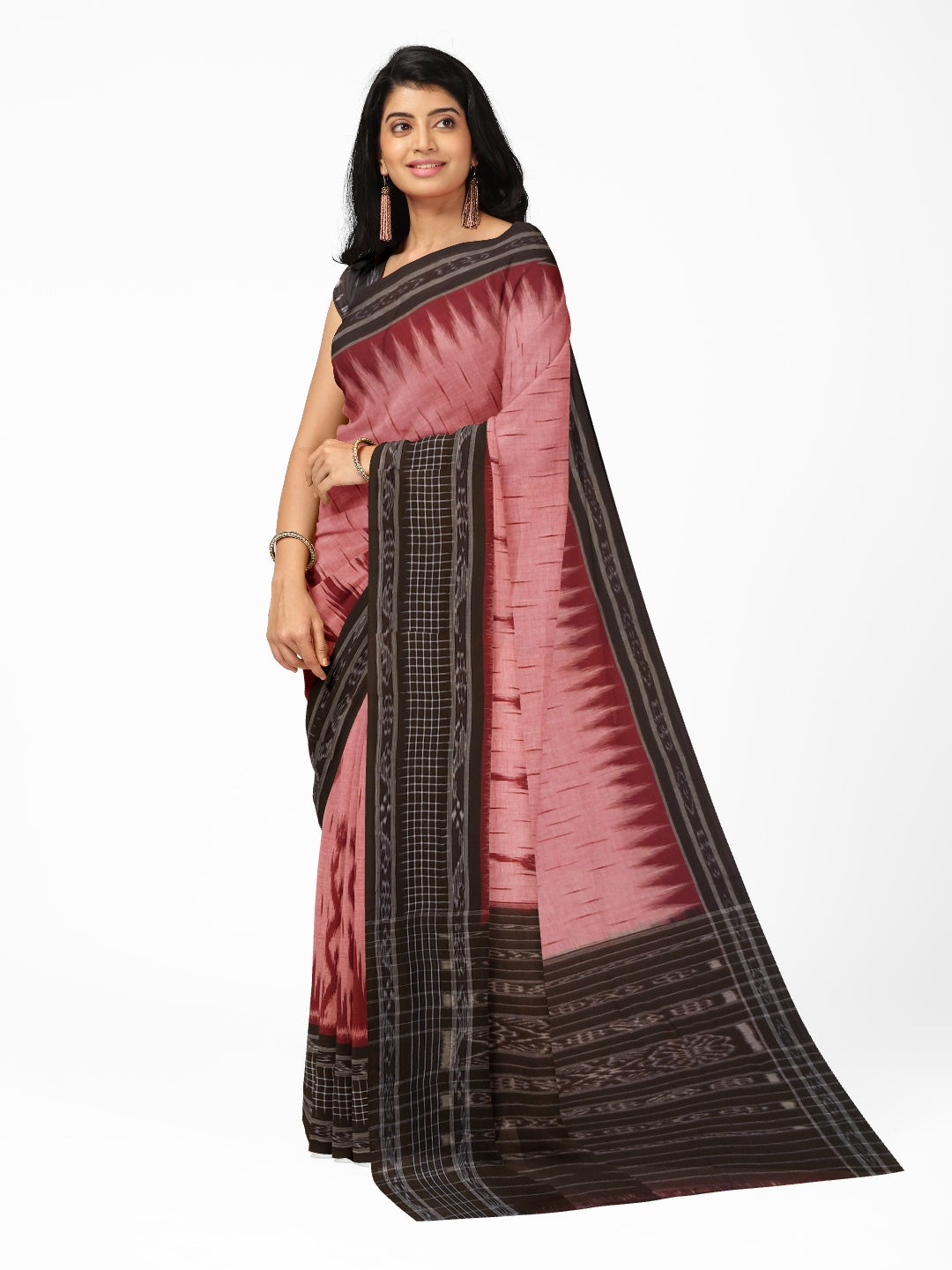 Pink with Black wide border Cotton Odisha Ikat saree with mix match cotton ikat blouse