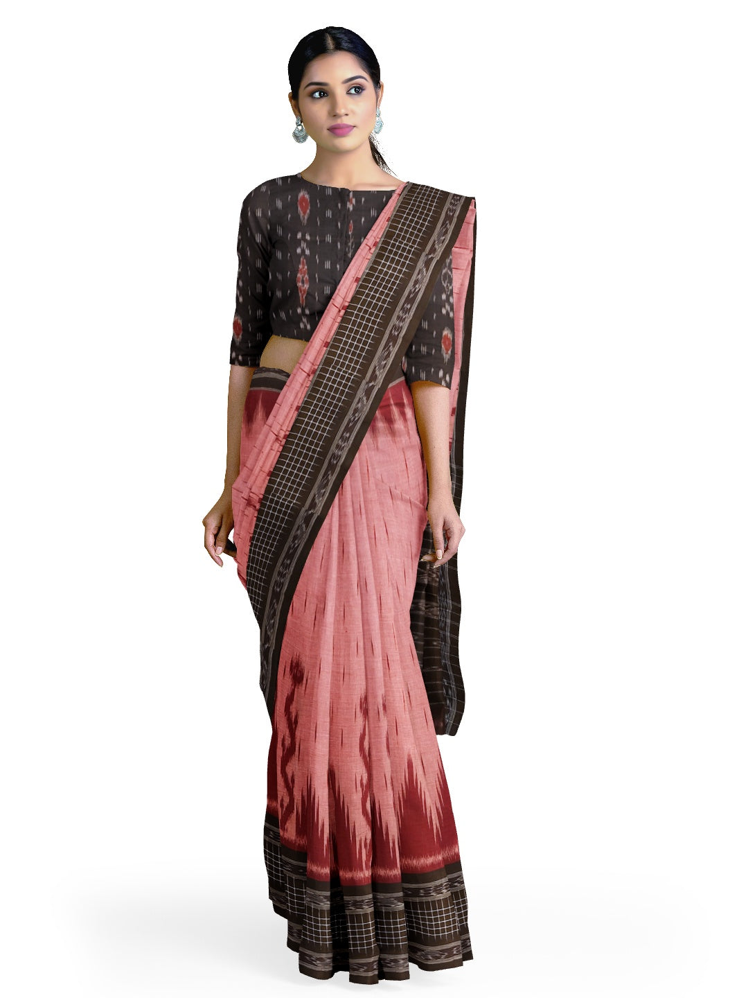 Pink with Black wide border Cotton Odisha Ikat saree with mix match cotton ikat blouse